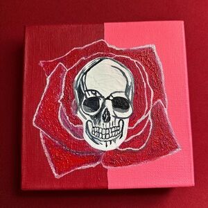 6”x6” Handmade Skull Painting with Rose